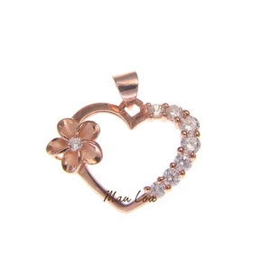 925 Sterling Silver Hawaiian Rose Gold Plated Plumeria Flower CZ Heart Pendant