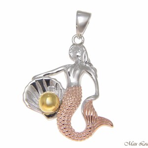 925 Sterling Silver Tricolor Hawaiian Mermaid Pearl Shell Oyster Pendant Charm