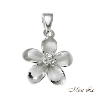 925 Sterling Silver Hawaiian Plumeria Flower 3 CZ Rhodium Pendant Charm 12-30mm