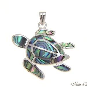 925 Sterling Silver Hawaiian Honu Sea Turtle Abalone Paua Shell Pendant image 1