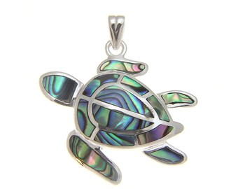 925 Sterling Silver Hawaiian Honu Sea Turtle Abalone Paua Shell Pendant