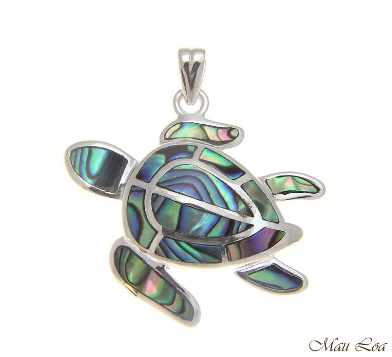 925 Sterling Silver Hawaiian Honu Sea Turtle Abalone Paua Shell Pendant image 1