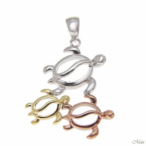925 Sterling Silver Tricolor Hawaiian 3 Sea Turtle Honu Family Pendant Charm