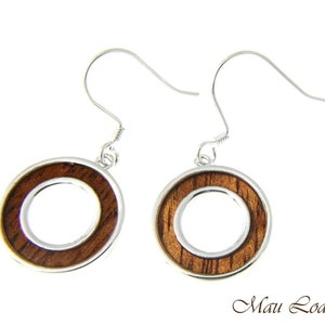 Koa Wood Hawaiian Scroll Circle Round Rhodium Silver Plated Brass Hook Earrings