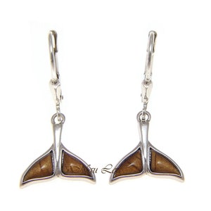 925 Sterling Silver Hawaiian Koa Wood Whale Tail Lever Back Dangle Earrings