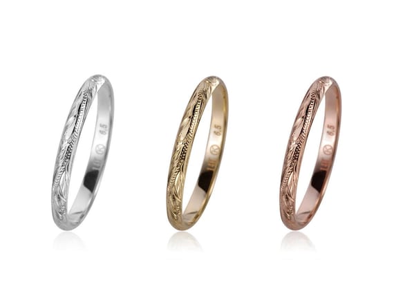 SOLID 14K ROSE GOLD CUSTOM HAND ENGRAVED HAWAIIAN PLUMERIA SCROLL BAND RING 4MM