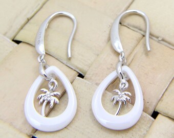 925 Silver Rhodium Hawaiian Palm Tree White Ceramic Tear Drop Hook Earrings