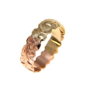 14k yellow rose gold 2 tone custom hand engraved Hawaiian scroll maile ring cut out 6mm Size 2-14