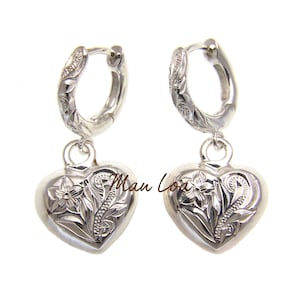 925 Sterling Silver Hawaiian Plumeria Flower Scroll on Heart Dangle Hoop Earring