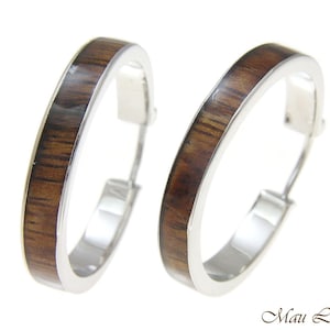 Koa Wood Hawaiian Rhodium Plated Brass 30mm Round Hoop Snap Closure Earrings