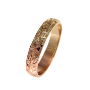 14k yellow rose gold 2 tone custom made hand engraved Hawaiian Jewelry scroll maile 4mm ring size 2 to 14