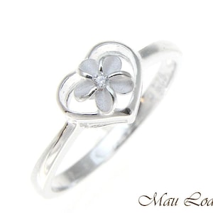 925 Sterling Silver Hawaiian Plumeria Flower CZ in Heart Ring Size 2-10