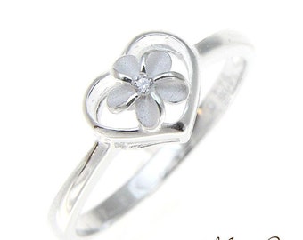 925 Sterling Silver Hawaiian Plumeria Flower CZ in Heart Ring Size 2-10