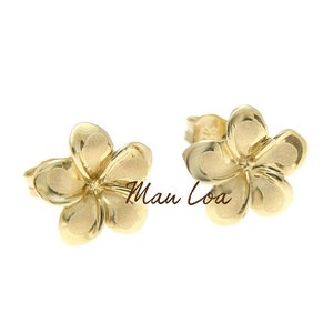 14k solid yellow gold Hawaiian fancy plumeria flower stud post earrings