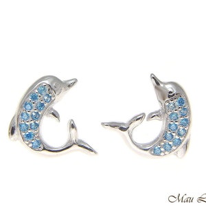 925 Sterling Silver Blue Topaz Hawaiian Dolphin Post Stud Earrings