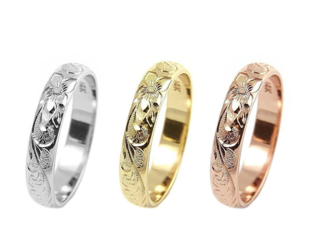 14K Yellow Gold Custom Hand Engrave Hawaiian Queen Plumeria Scroll Band Ring 4mm Size 11