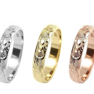 14k sólido branco amarelo ouro rosa personalizado gravado à mão havaiano plumeria rainha design anel de rolagem 4mm