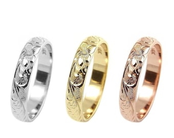 14k solid white yellow rose gold custom hand engraved Hawaiian plumeria queen design scroll band ring 4mm