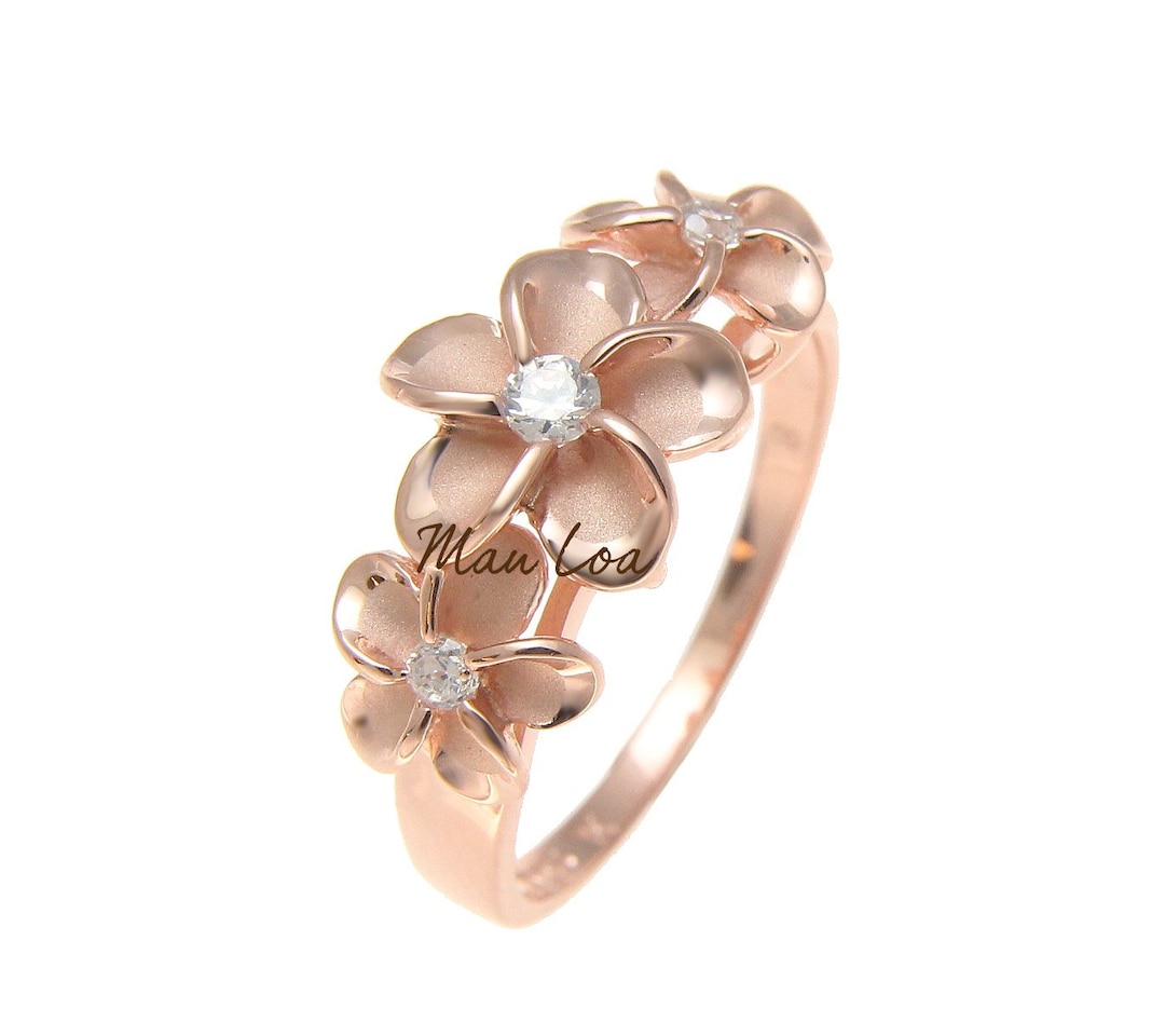 925 Sterling Silver Hawaiian Scroll Pink Rose Gold Plated CZ 3 Plumeria ...