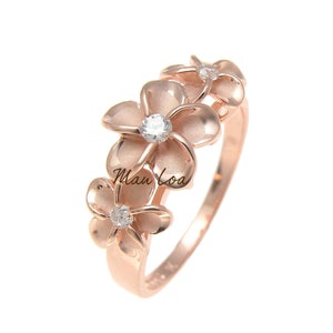 925 Sterling Silver Hawaiian Scroll Pink Rose Gold Plated CZ 3 Plumeria Flower Ring #3-10