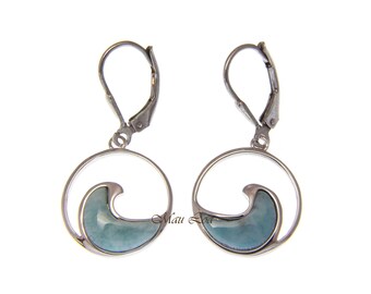 925 Sterling Silver Natural Larimar Hawaiian Ocean Wave Leverback Earrings