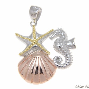 925 Silver Tricolor Hawaiian Sealife Starfish Seahorse Sunrise Shell Pendant