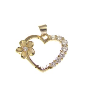925 Sterling Silver Hawaiian Yellow Gold Plated Plumeria Flower CZ Heart Pendant