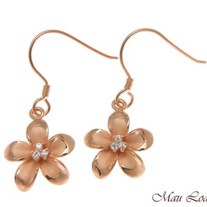925 Silver Pink Rose Gold Hawaiian Plumeria Flower 3 CZ Wire Hook Earrings
