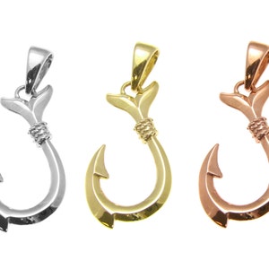 14k solid white yellow or rose gold 2 sided medium Hawaiian shiny fish hook charm pendant small or medium