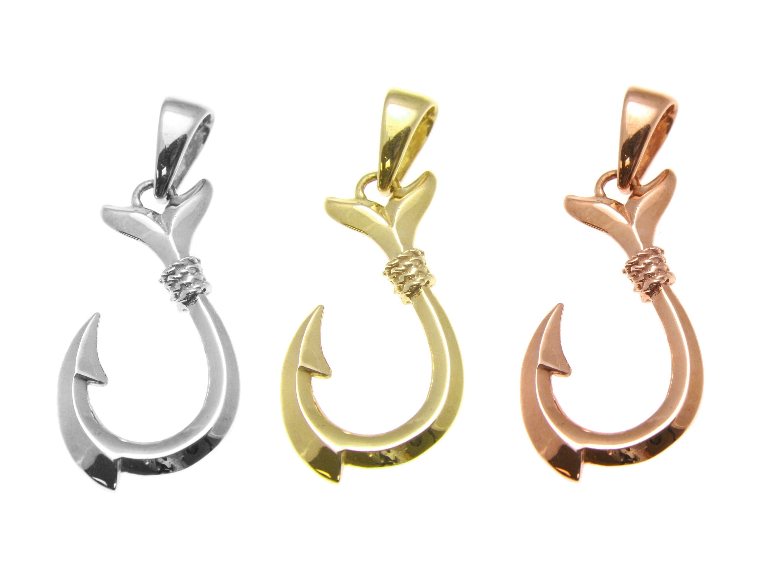 bbw fish hook 14k solid White yellow or rose gold 2 sided medium Hawaiian shiny fish hook charm pendant small or medium