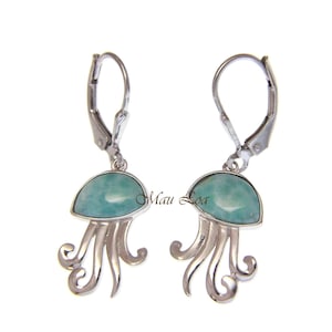925 Sterling Silver Hawaiian Jellyfish Natural Blue Larimar Leverback Earrings