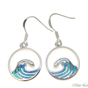925 Sterling Silver Rhodium Hawaiian Ocean Wave Blue Opal Wire Hook Earrings