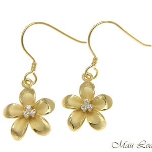 925 Sterling Silver Yellow Gold Hawaiian Plumeria Flower 3 CZ Wire Hook Earrings