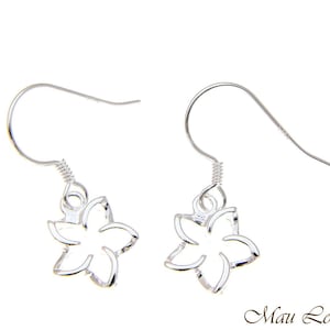 925 Sterling Silver Hawaiian Floating Outline Plumeria Flower Hook Wire Earrings