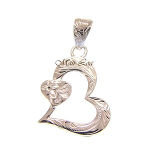 925 Sterling Silver Hawaiian Engraved Plumeria Flower Scroll Heart Pendant