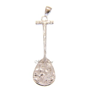 925 Sterling Silver Hawaiian Plumeria Scroll Engraved Paddle Pendant Charm