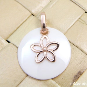 925 Silver Pink Rose Gold Hawaiian Plumeria Flower White Ceramic Circle Pendant