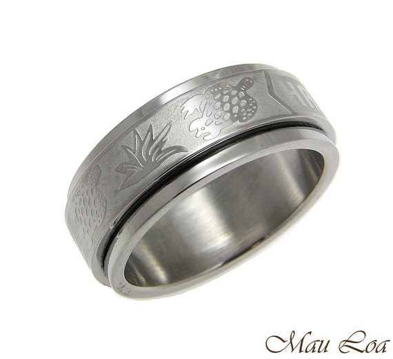 Stainless Steel Spinner Ring Band 8mm Hawaiian Turtle Honu Hawaii