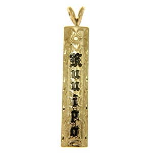 14K yellow gold personalized Hawaiian Personalized Jewelry plumeria scroll pendant black enamel 8mm 10mm or 12mm