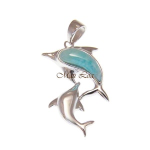 925 Sterling Silver Natural Blue Larimar Hawaiian Double Dolphin Pendant Charm