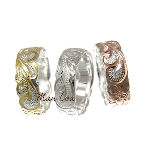 925 sterling silver rose or yellow gold plated Hawaiian plumeria flower scroll 6mm cut out edge band ring
