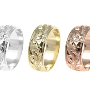 14k white yellow rose gold hand engraved custom made personalized Hawaiian plumeria scroll smooth edge 8mm band ring