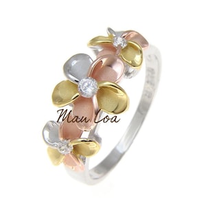 925 Sterling Silver Hawaiian Scroll Tricolor Gold Plated CZ 3 Plumeria Flower Ring #3-10