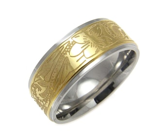 Stainless Steel Ring Band 8mm Yellow Gold Color Hawaiian Plumeria Scroll Sz5-13
