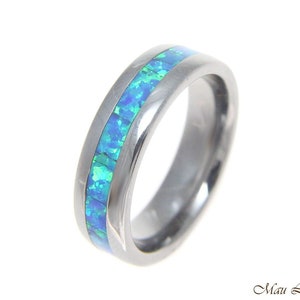 Tungsteno 6mm anillo de la banda de la boda unisex azul ópalo incrustación comfort fit tamaño 5-13