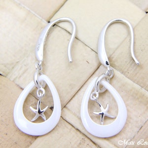 925 Silver Rhodium Hawaiian Starfish Sea Star White Ceramic Tear Drop Earrings