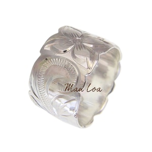 925 sterling silver Hawaiian plumeria flower scroll cut out 15mm band ring