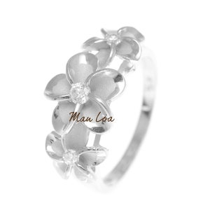 925 Sterling Silver Hawaiian Scroll Rhodium Plated CZ 3 Plumeria Flower Ring #3-10