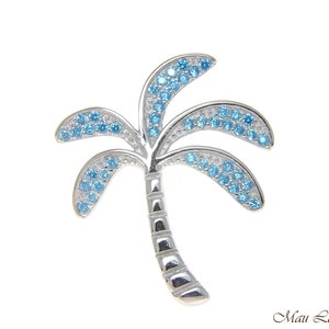 925 Sterling Silver Genuine Blue Topaz Hawaiian Palm Tree Slider Pendant