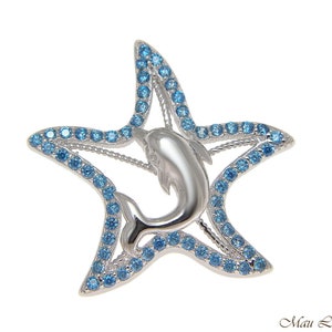 925 Sterling Silver Genuine Blue Topaz Hawaiian Starfish Dolphin Pendant